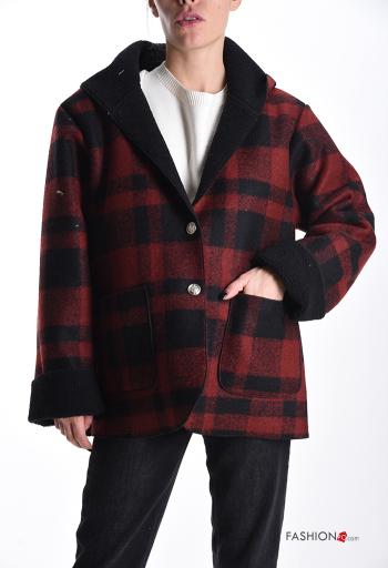 Manteau en Mélange de Laine Motif tartan à capuche à col en V sans doublure à boutons avec poches