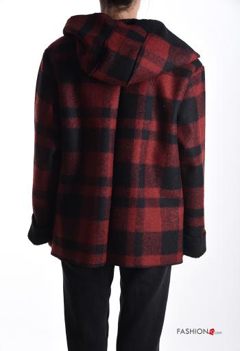 Manteau en Mélange de Laine Motif tartan à capuche à col en V sans doublure à boutons avec poches - ph 2