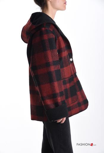 Manteau en Mélange de Laine Motif tartan à capuche à col en V sans doublure à boutons avec poches - ph 3
