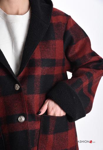 Manteau en Mélange de Laine Motif tartan à capuche à col en V sans doublure à boutons avec poches - ph 4