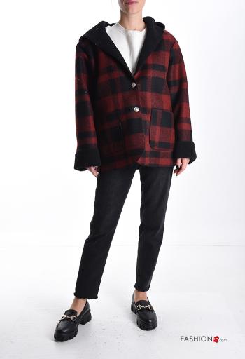 Manteau en Mélange de Laine Motif tartan à capuche à col en V sans doublure à boutons avec poches - ph 5