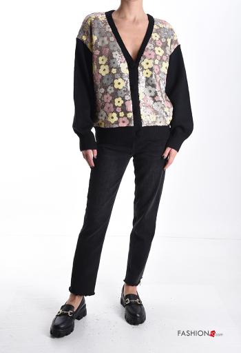 Gilet à Imprimé Floral à paillettes à col en V à boutons - ph 5