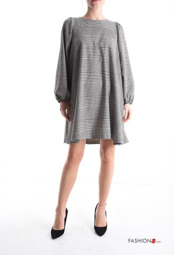 Tartan long sleeve crew neck Cotton Dress with buttons