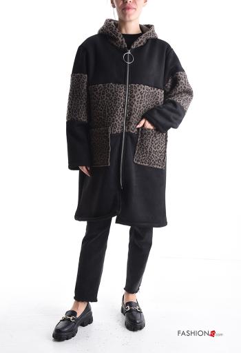 Animal print Wool Mix Coat with pockets without lining with zip with hood - ph 1