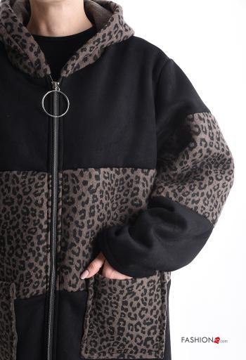 Animal print Wool Mix Coat with pockets without lining with zip with hood - ph 4