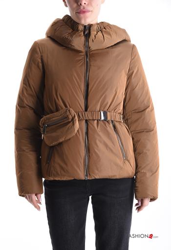 Puffer Jacket with belt with hood with lining with pockets with zip with Pouch bag