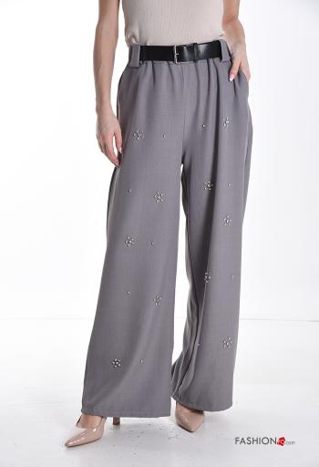 Pantalon wide leg avec poches avec ceinture avec élastique avec strass - ph 1