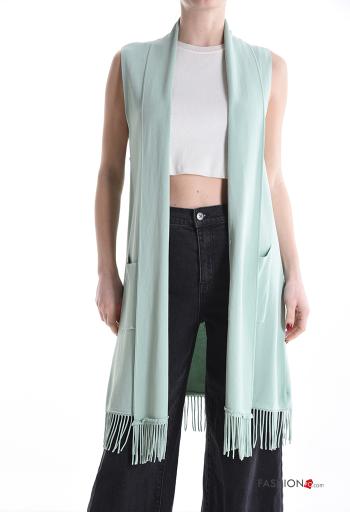 Chaqueta de punto sin mangas largo con bolsillos con flecos