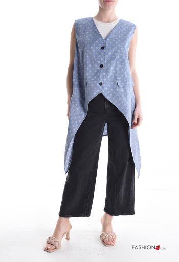 Polka-dot sleeveless asymmetrical denim Cotton Gilet with buttons with v-neck