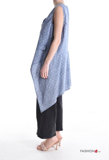 Polka-dot sleeveless asymmetrical denim Cotton Gilet with buttons with v-neck - ph 3