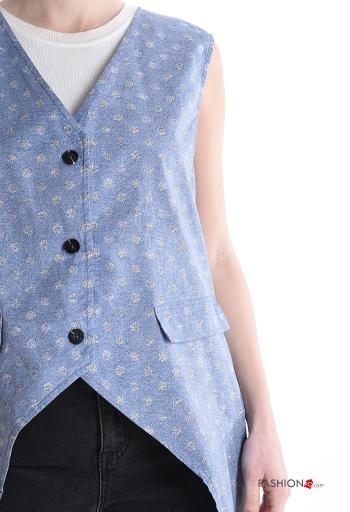 Polka-dot sleeveless asymmetrical denim Cotton Gilet with buttons with v-neck - ph 4