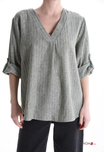 Blusa Fantasia righe scollo a V maniche a tre quarti