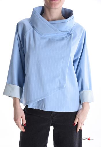 Blusa in Cotone maniche lunghe Fantasia righe a collo alto con bottoni
