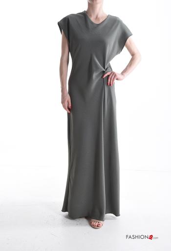 short sleeve long Dress with buttons with knot with v-neck