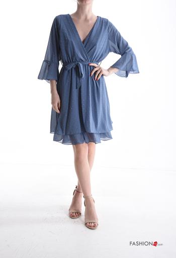 Abito chiffon maniche a tre quarti con cintura in stoffa scollo a V con balze con strass
