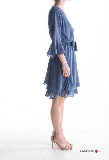 Abito chiffon maniche a tre quarti con cintura in stoffa scollo a V con balze con strass - ph 3