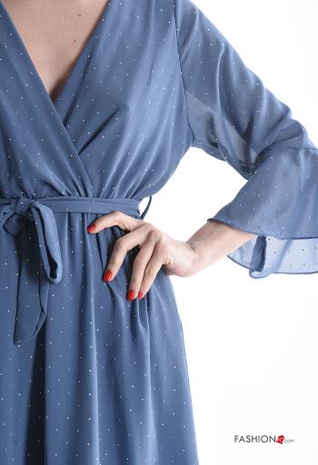 Abito chiffon maniche a tre quarti con cintura in stoffa scollo a V con balze con strass - ph 4