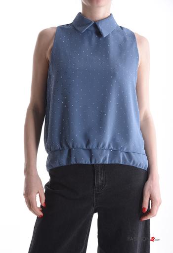 Blusa brillante senza maniche con colletto con strass