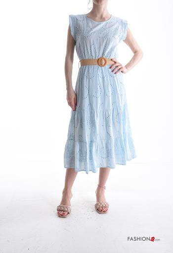 Abito in Cotone maniche corte girocollo Fantasia ricamata in pizzo sangallo con cintura con balze