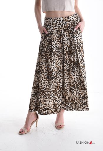 Pantalone in Cotone wide leg Fantasia animalier con tasche con elastico