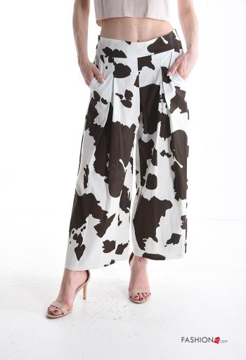 Pantalone in Cotone wide leg Fantasia animalier con tasche con elastico