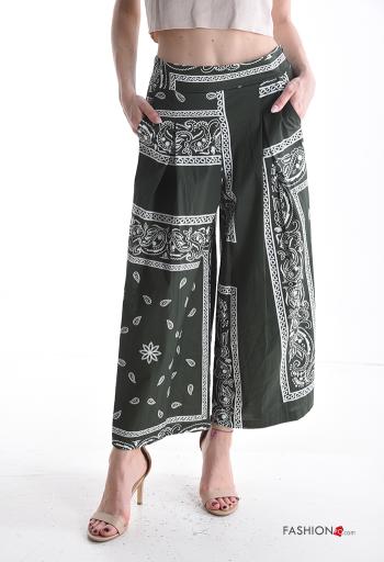 Pantalone in Cotone wide leg Fantasia stampata con tasche con elastico
