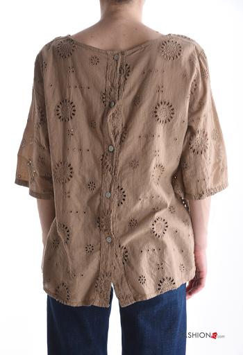 Blusa de Algodón Patrón bordado manga tres cuartos con botones bordado inglés - ph 2