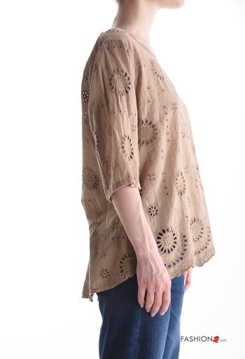 Blusa de Algodón Patrón bordado manga tres cuartos con botones bordado inglés - ph 3