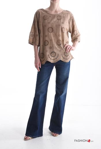 Blusa de Algodón Patrón bordado manga tres cuartos con botones bordado inglés - ph 5