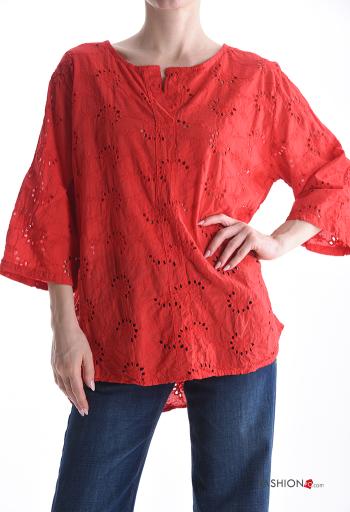 Blusa in Cotone maniche a tre quarti in pizzo sangallo