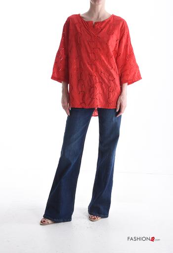 Blusa in Cotone maniche a tre quarti in pizzo sangallo - ph 5