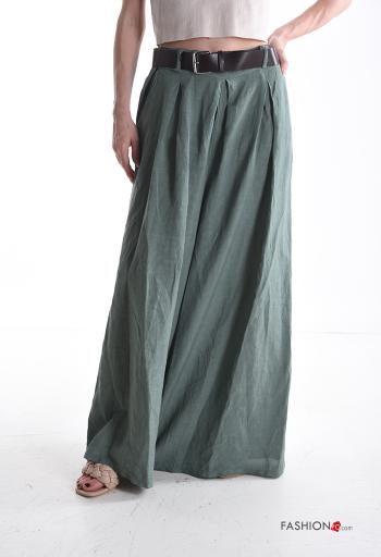 long Linen Trousers with belt with elastic with pockets