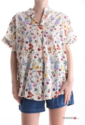 Blouse en Coton manches courtes à Imprimé Floral à col en V