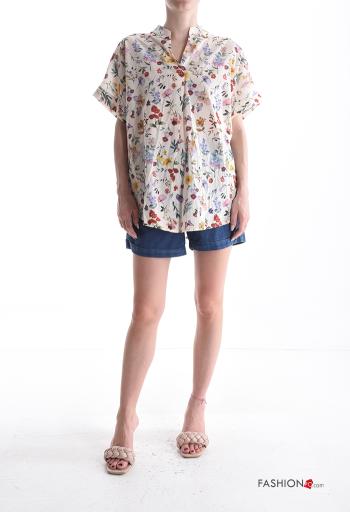 Blouse en Coton manches courtes à Imprimé Floral à col en V - ph 5