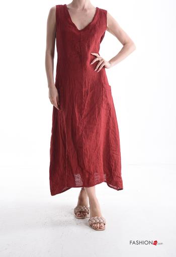 Robe en Lin sans manches longue à boutons à col en V avec poches
