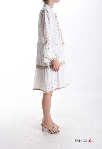 Besticktes Muster lange ärmel knielanger Kleid aus Baumwolle mit Volants englische stickerei mit seil - ph 3