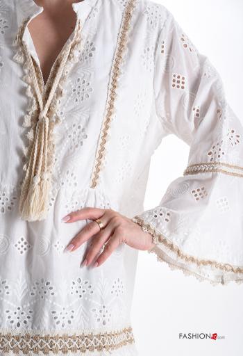 Besticktes Muster lange ärmel knielanger Kleid aus Baumwolle mit Volants englische stickerei mit seil - ph 4
