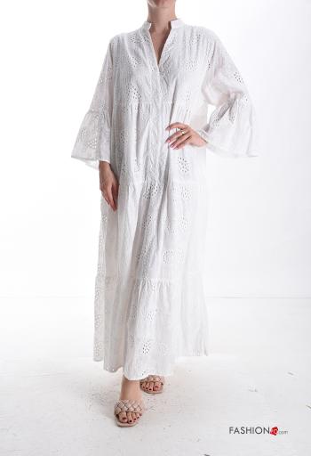 Besticktes Muster lange ärmel lange Kleid aus Baumwolle mit Volants englische stickerei mit Futter mit Knöpfen
