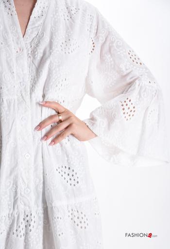 Besticktes Muster lange ärmel lange Kleid aus Baumwolle mit Volants englische stickerei mit Futter mit Knöpfen - ph 3