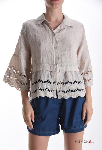 Camicia in Lino con colletto in pizzo sangallo con bottoni maniche a tre quarti