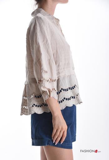 Camicia in Lino con colletto in pizzo sangallo con bottoni maniche a tre quarti - ph 3
