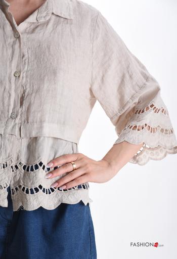 Camicia in Lino con colletto in pizzo sangallo con bottoni maniche a tre quarti - ph 4