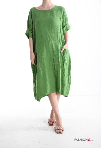 crew neck Linen Dress with pockets 3/4 sleeve