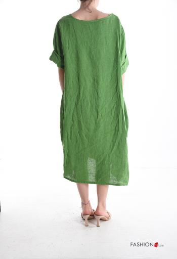 crew neck Linen Dress with pockets 3/4 sleeve - ph 2