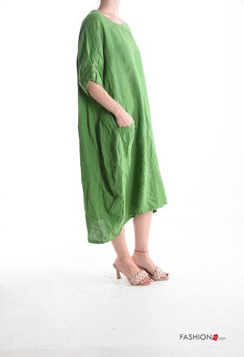 crew neck Linen Dress with pockets 3/4 sleeve - ph 3