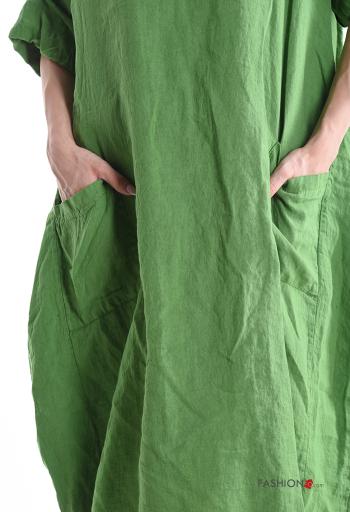crew neck Linen Dress with pockets 3/4 sleeve - ph 4