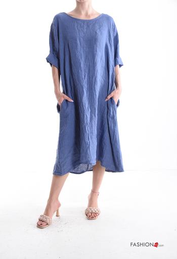crew neck Linen Dress with pockets 3/4 sleeve