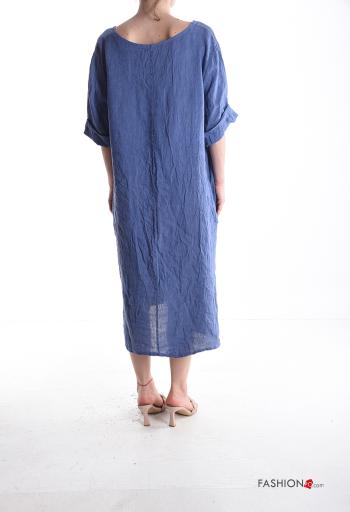 crew neck Linen Dress with pockets 3/4 sleeve - ph 2