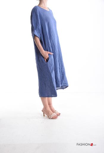 crew neck Linen Dress with pockets 3/4 sleeve - ph 3