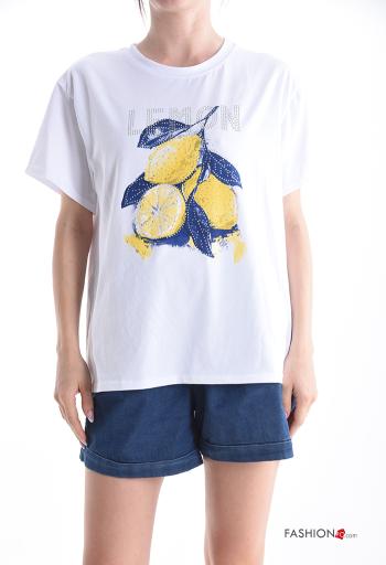 T-shirt de Algodón manga corta cuello redondo Diseño impreso con brillantes - ph 1